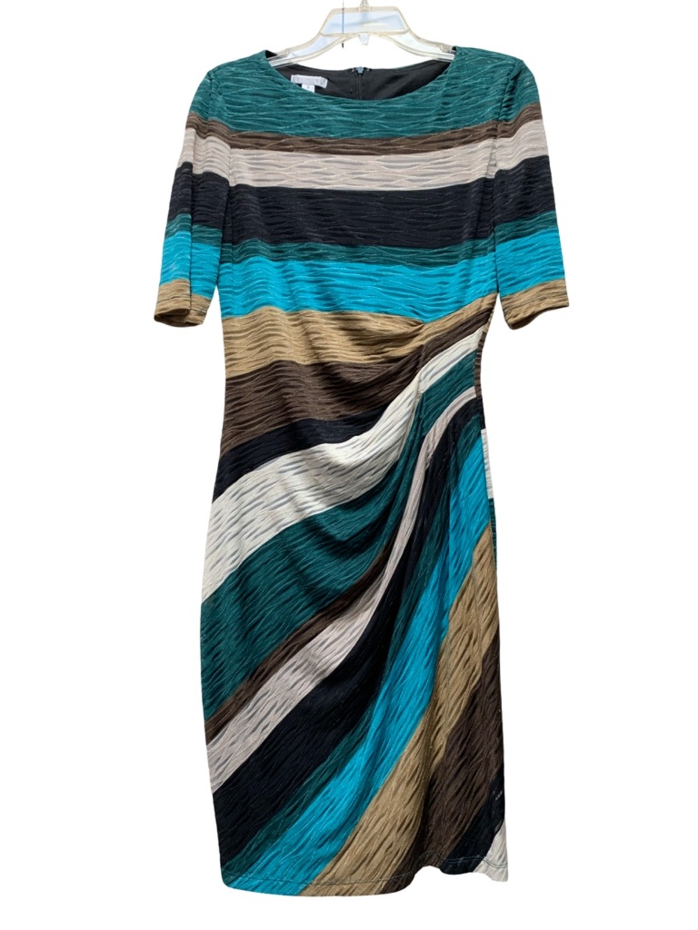 London Times Teal, Turquoise, Taupe & Black Striped Wave-Print Midi Dress